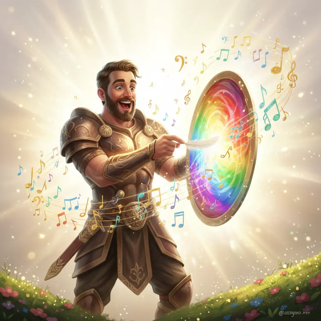 Ares golpea suavemente un escudo con la pluma; el escudo se llena de colores vibrantes y notas musicales que flotan a su alrededor.