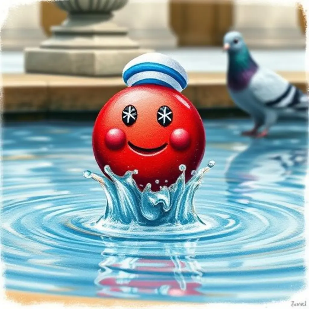 Gulú, el botón, ahora empapado y feliz, chapoteando alegremente en el borde de la fuente, con Plumífero la paloma sonriendo.