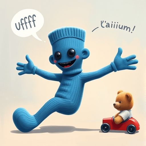 Imaginador el calcetín se estira mucho para atrapar suspiros de un osito y un coche de juguete aburridos.