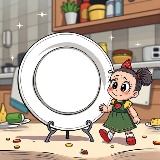Banquete gira y refleja colores vibrantes, mientras Lulú, una muñeca de trapo, lo mira asombrada y casi tropieza.