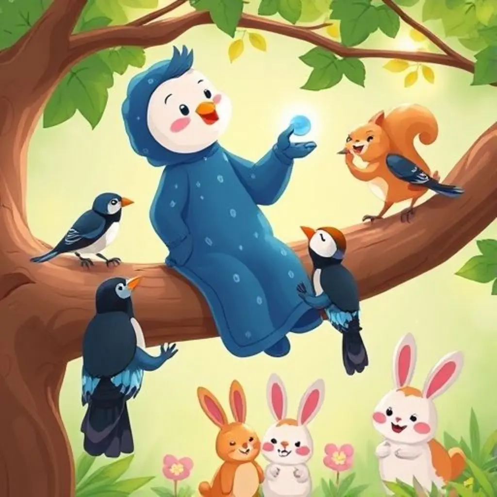 Diro recupera su botón de tres urracas en un árbol, con sus amigos felices.