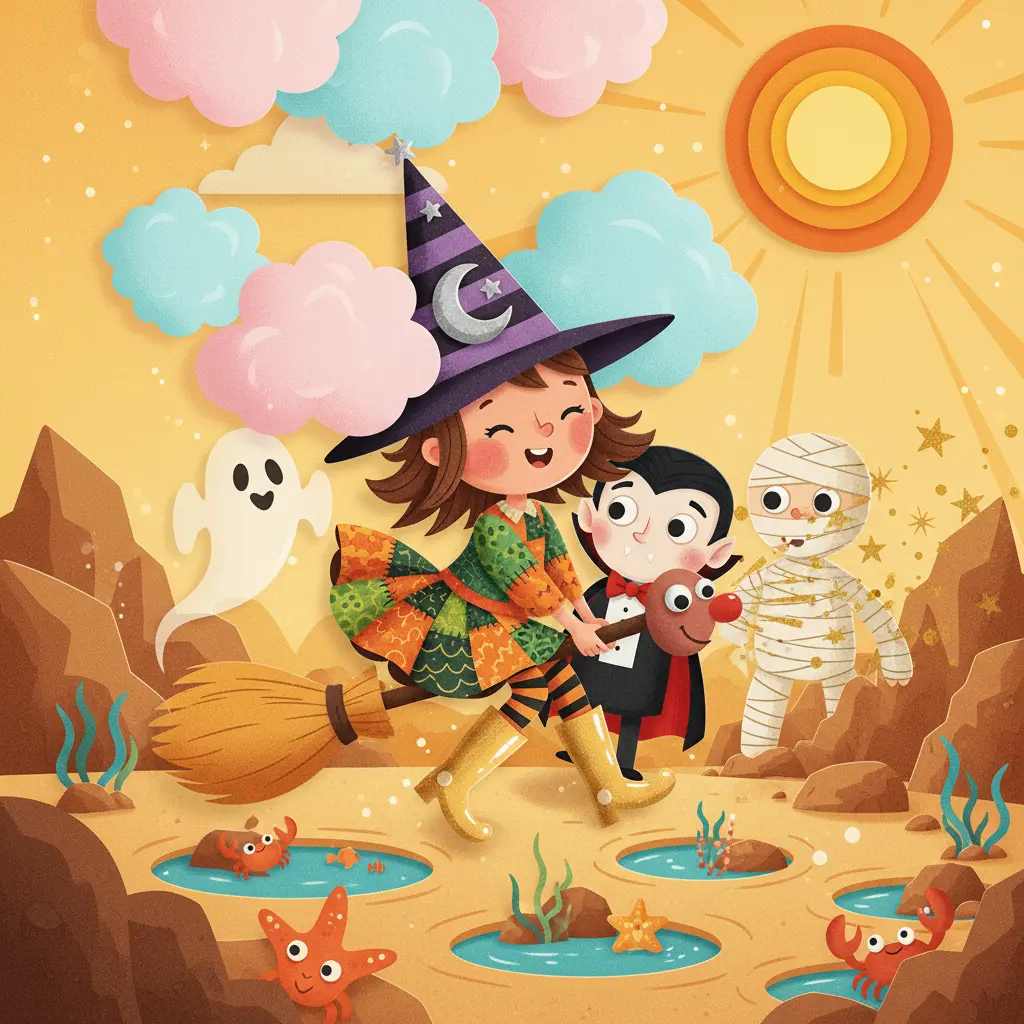 La Brujita Tula ríe mientras nubes de algodón de azúcar le hacen cosquillas y sus amigos monstruos llegan asombrados.