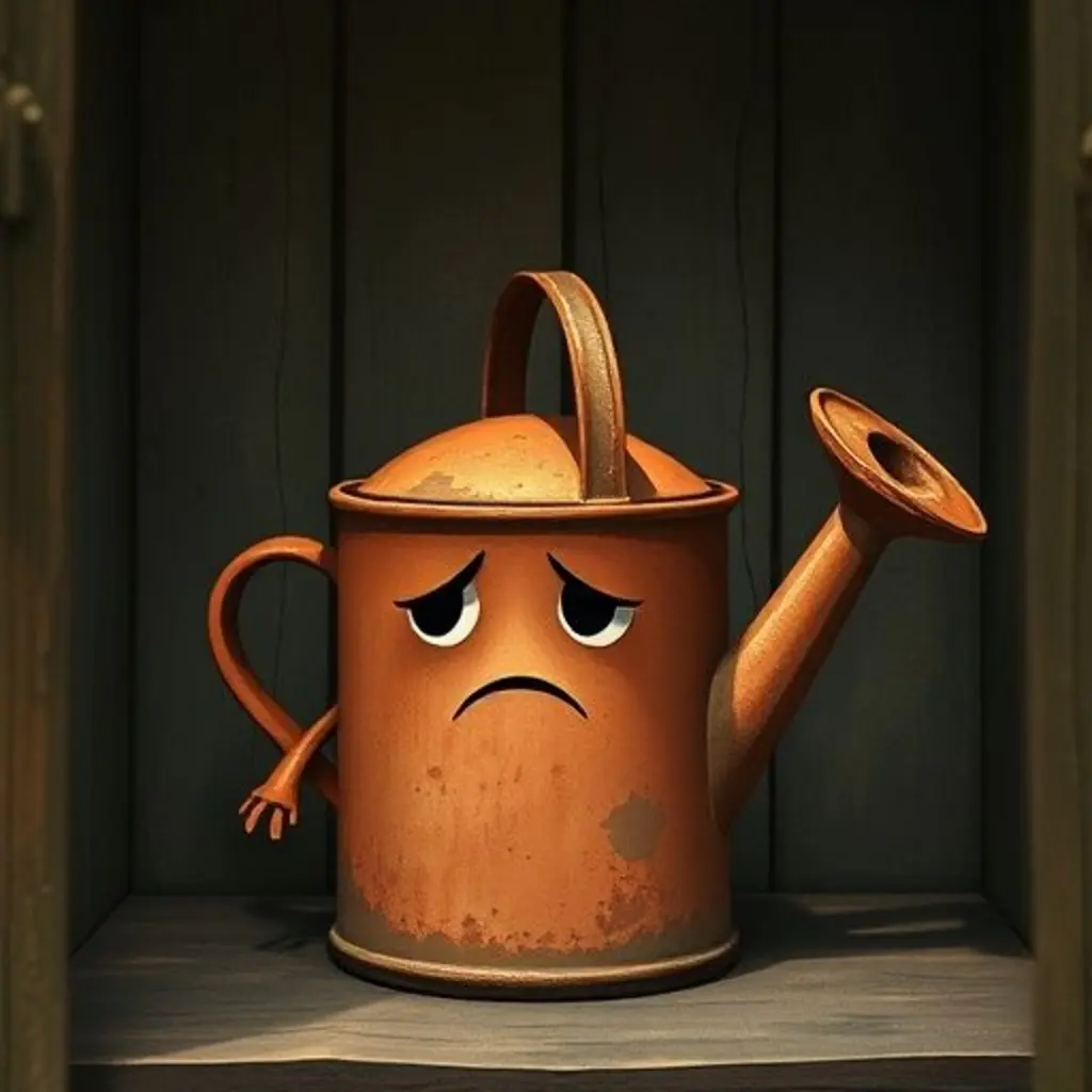 Regaderín, una regadera triste y oxidada, sentada sola en un cobertizo oscuro.