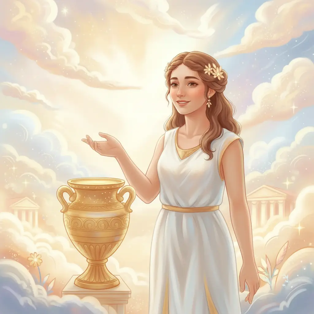 Hebe mira con curiosidad un gran recipiente de néctar brillante.