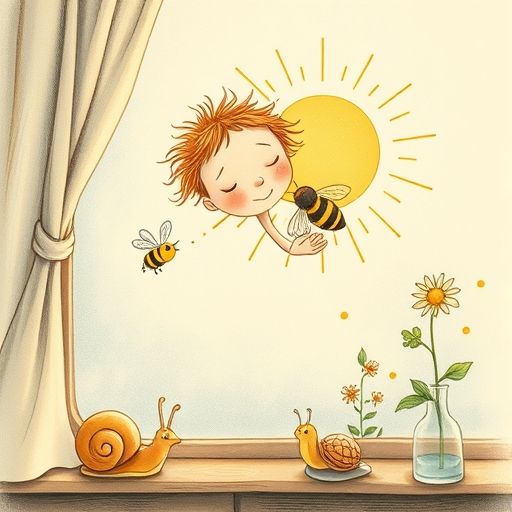 La abeja zumba, el pájaro canta, el caracol se mueve y la flor brilla de alegría.
