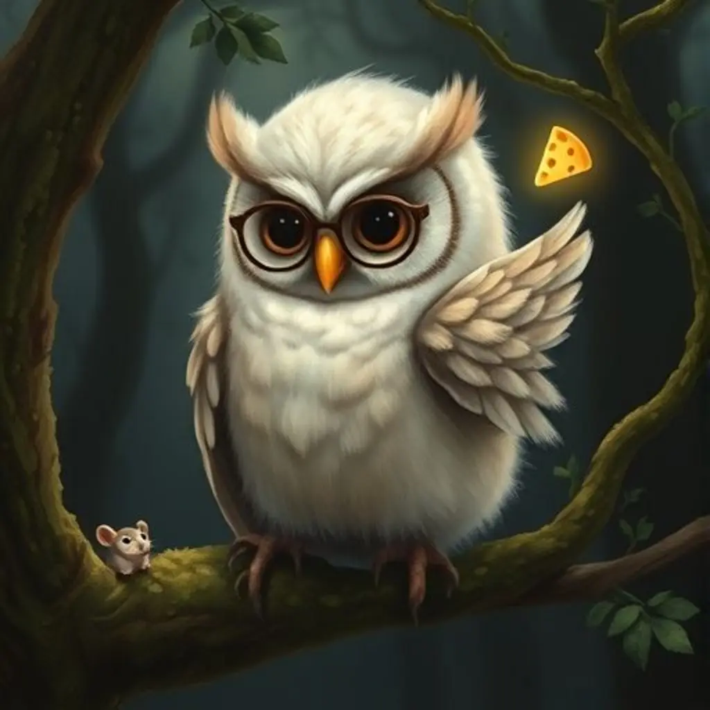 Sueños el búho, con gafas, en una rama, mirando una escarcha que forma un queso, con un ratón abajo.