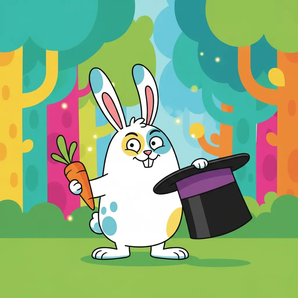 Saltito el conejo, con una zanahoria y su sombrero, listo para un truco.