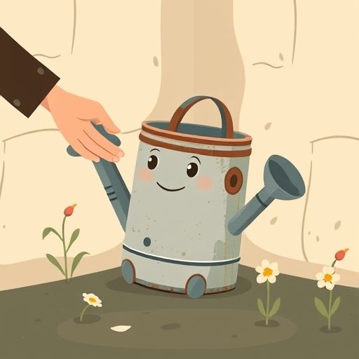 Rociadora, una regadera viejita, triste en un jardín.