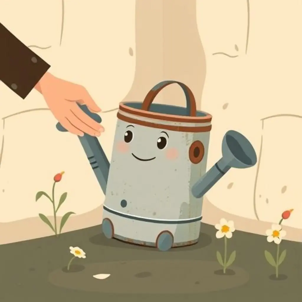 Rociadora, una regadera viejita, triste en un jardín.