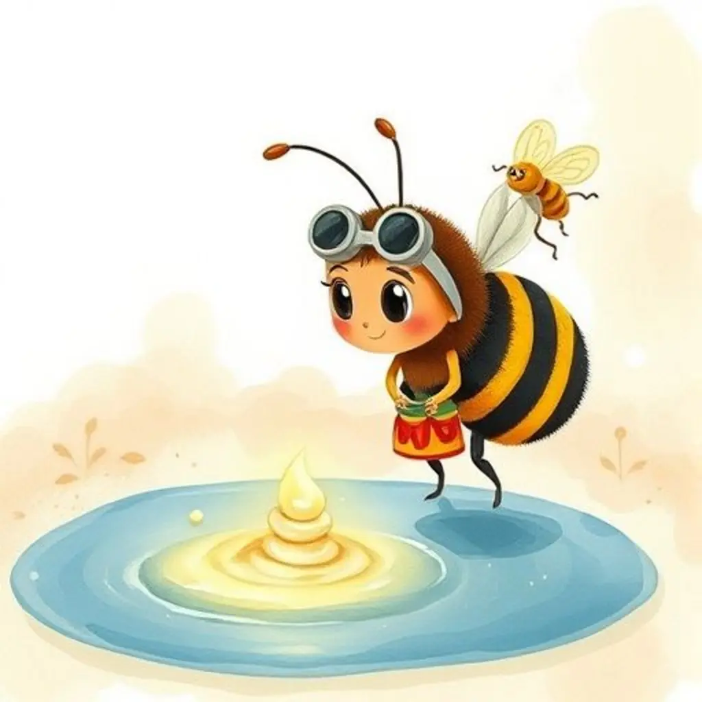 Zumbido, la abeja, mirando un charco grande junto a una luciérnaga.