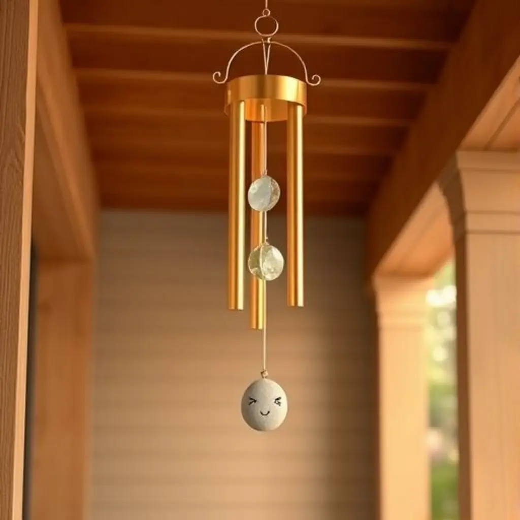 Una campanilla de viento llamada Melodía cuelga tranquilamente en un porche.