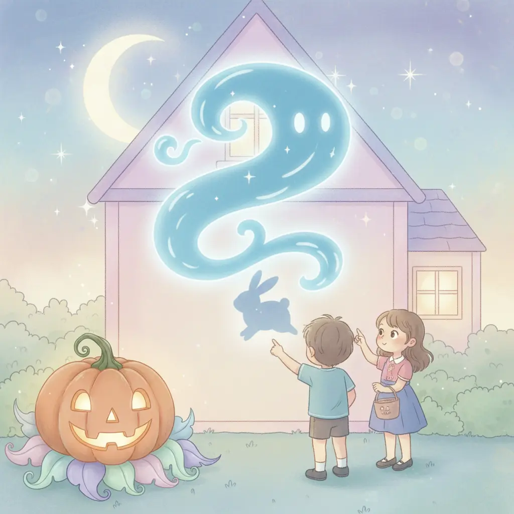 La Sombra Juguetona proyecta la forma de un conejito saltarín en la pared, sorprendiendo a los niños con su creatividad.