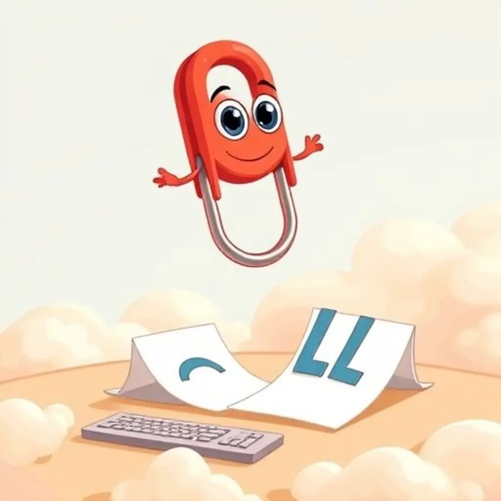 AbrazoPapeles, un clip rojo feliz, flota sobre un escritorio de papel viendo letras tristes.