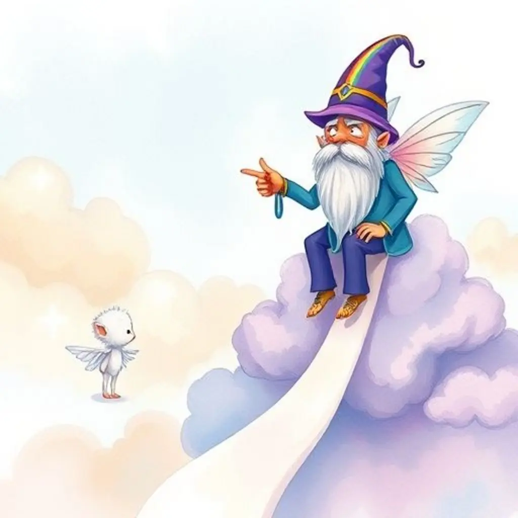 Pip conociendo a Arcóbal, el duende del arcoíris, frente a dos caminos.