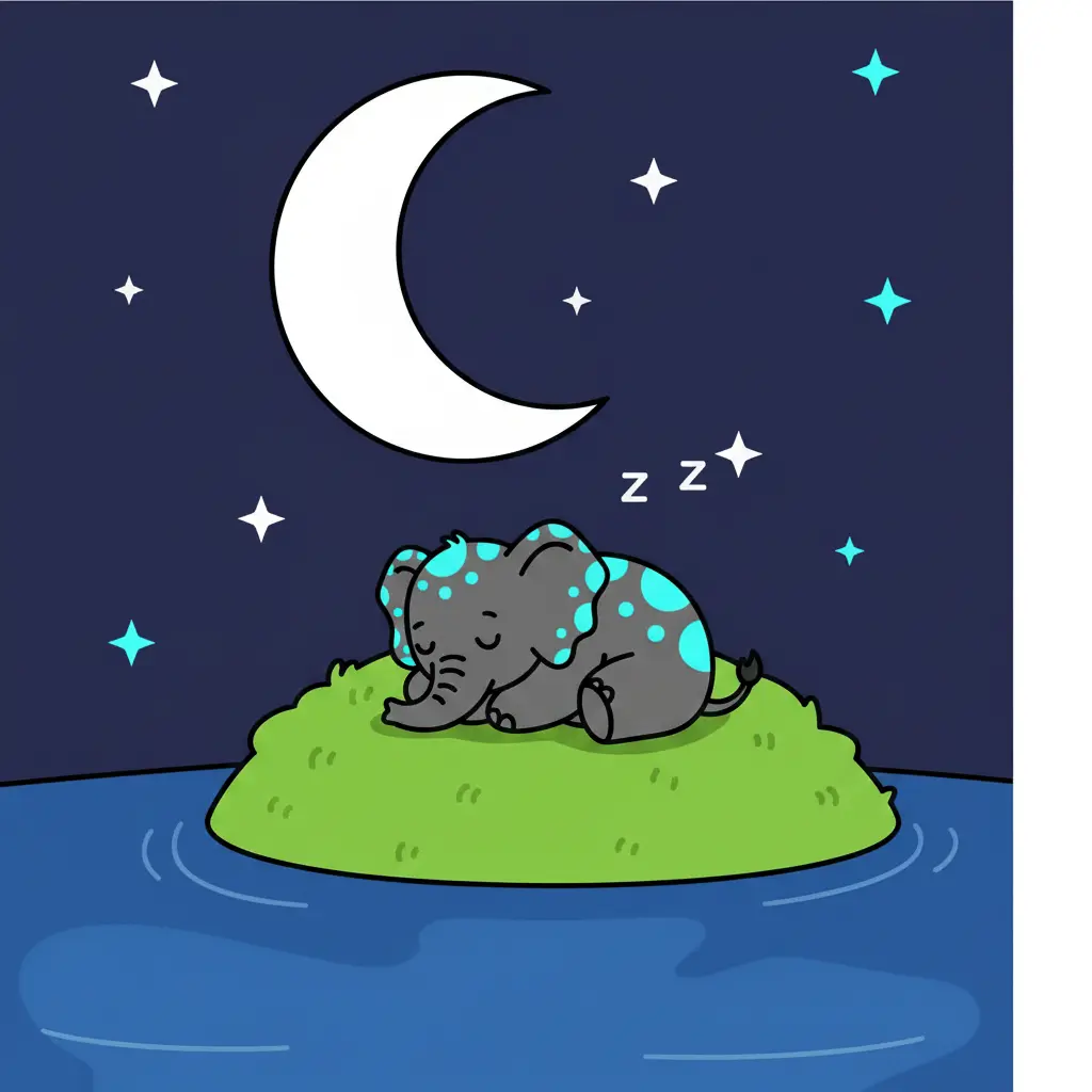 Kiri duerme plácidamente en el musgo bajo el cielo nocturno.