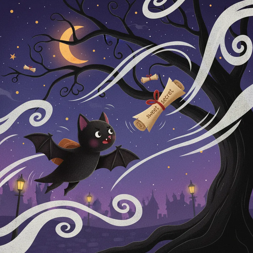 Chirri, el murciélago, con expresión de sorpresa mientras el viento travieso le arrebata un pergamino, que baila hacia un árbol.