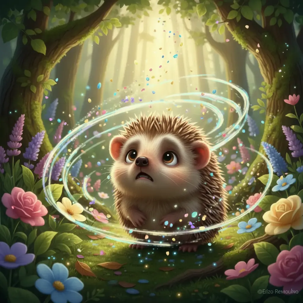 Erizo Remolino, un erizo muy ordenado, ve cómo el viento esparce semillas mágicas en su jardín.