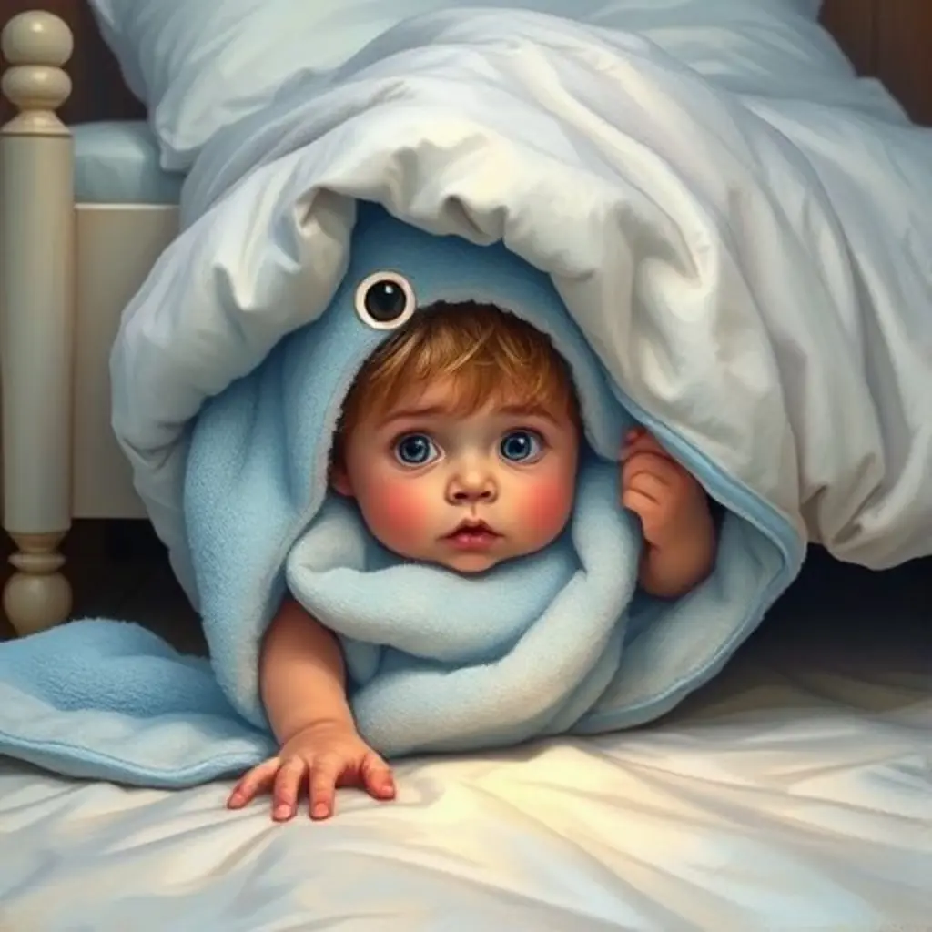 Toalla Nube, una toalla, se esconde torpemente debajo de una cama, mientras un niño la observa.