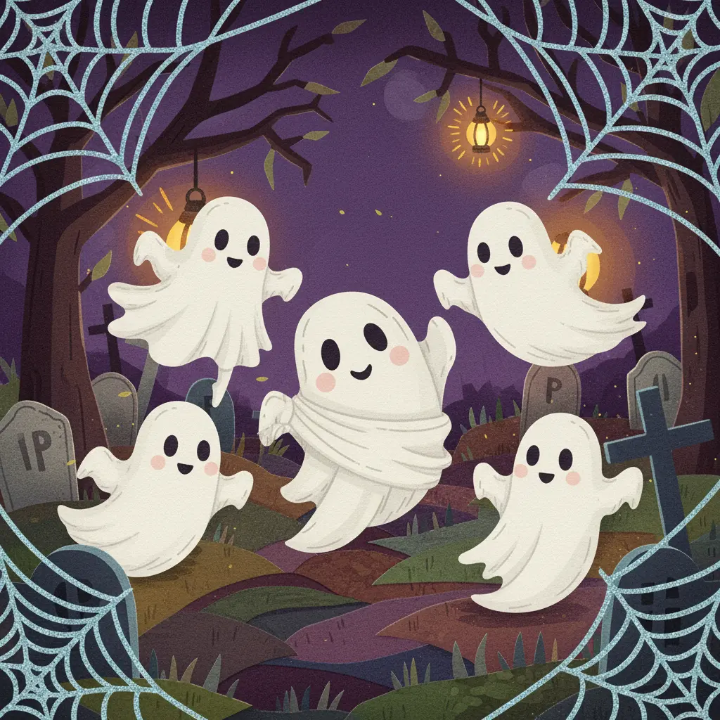 Casparín, un fantasmita diminuto, se enreda en sus sábanas mientras intenta bailar en un cementerio iluminado por calabazas, rodeado de sus amigos fantasmas ágiles.