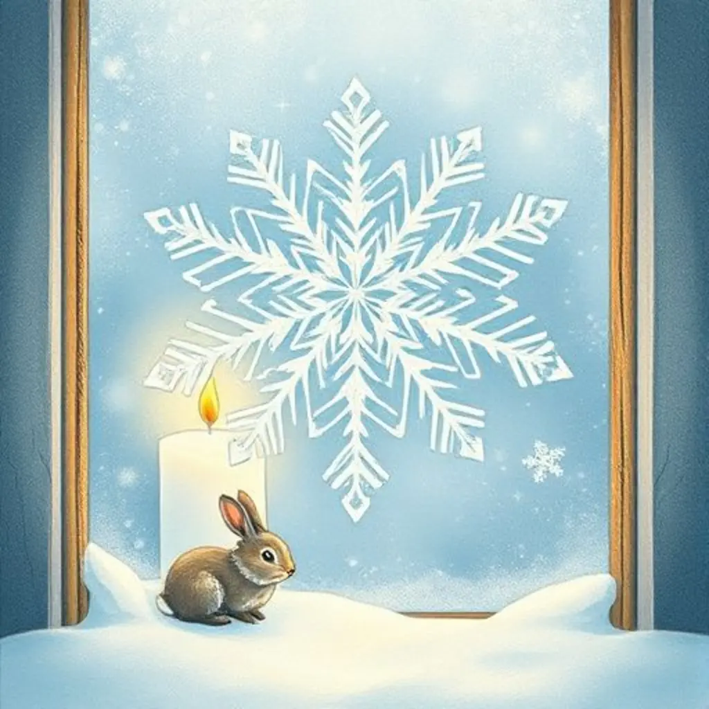 Crista, el copo de nieve, reflejando la luz de una vela en la ventana para un conejito.