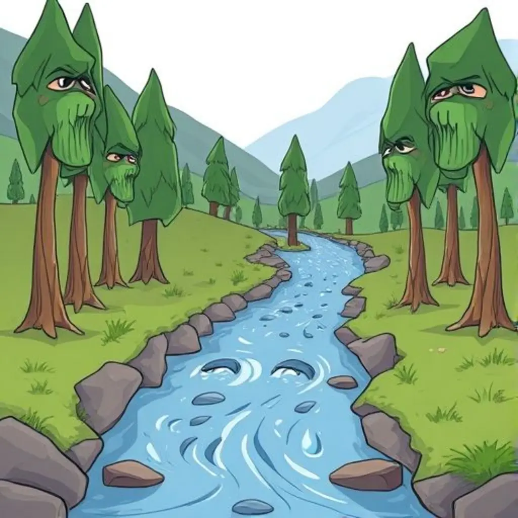 Un río juguetón con árboles tristes a su alrededor.