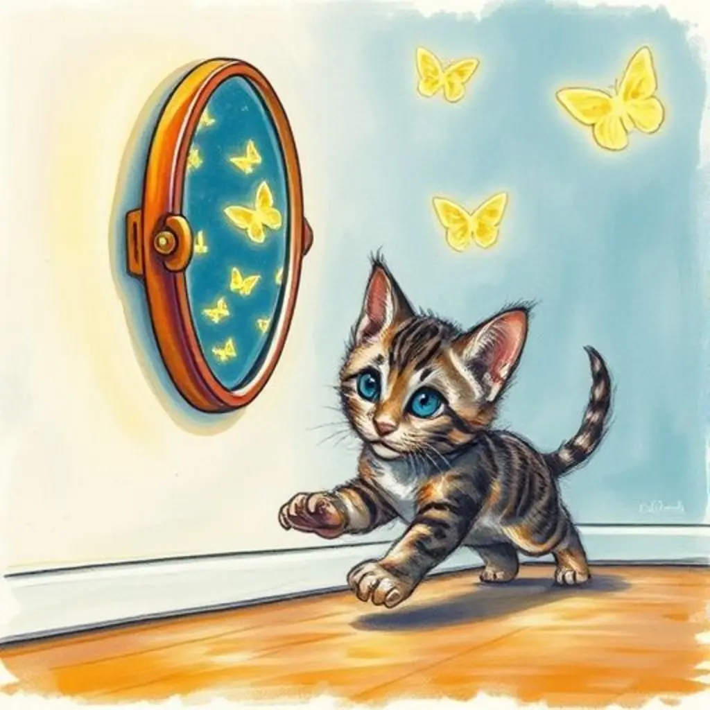 Espejito Reluciente proyecta formas de luz en la pared y un gatito las persigue.
