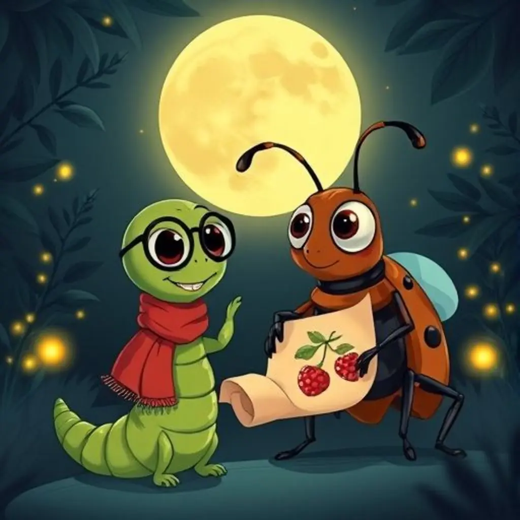 Pío el gusanito hablando con Bartolo el escarabajo bajo la luna, mostrando una hoja con un dibujo.