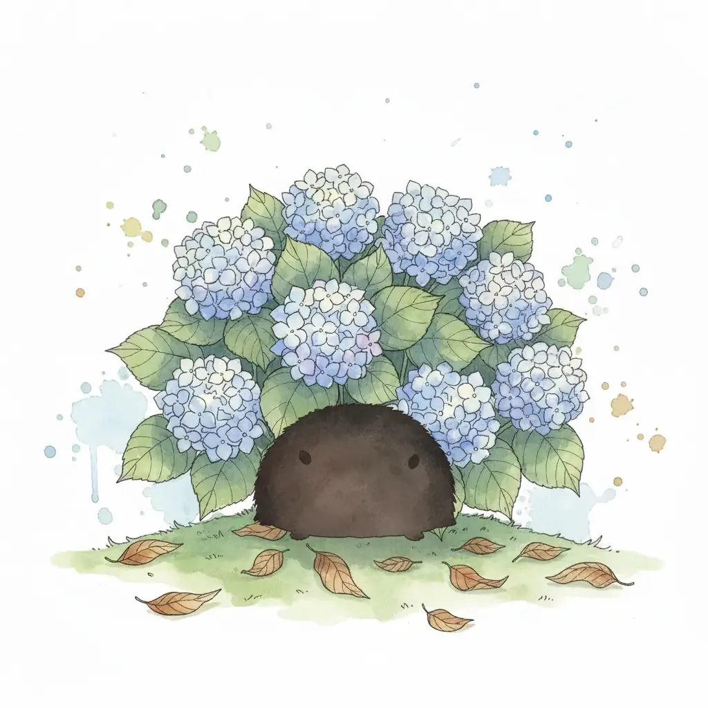 Una sombra redonda escondida bajo un arbusto de flores azules.