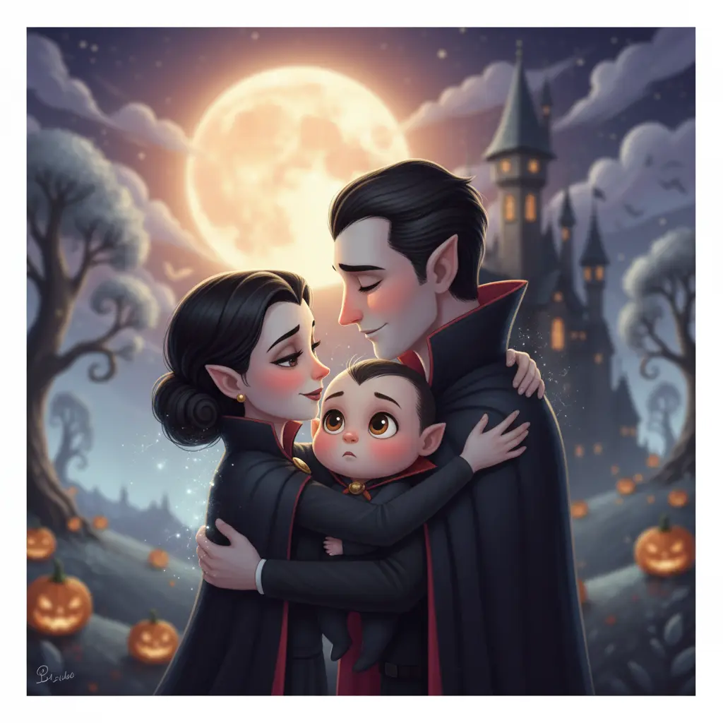 Los padres de Lucarn lo abrazan tiernamente bajo la luna.