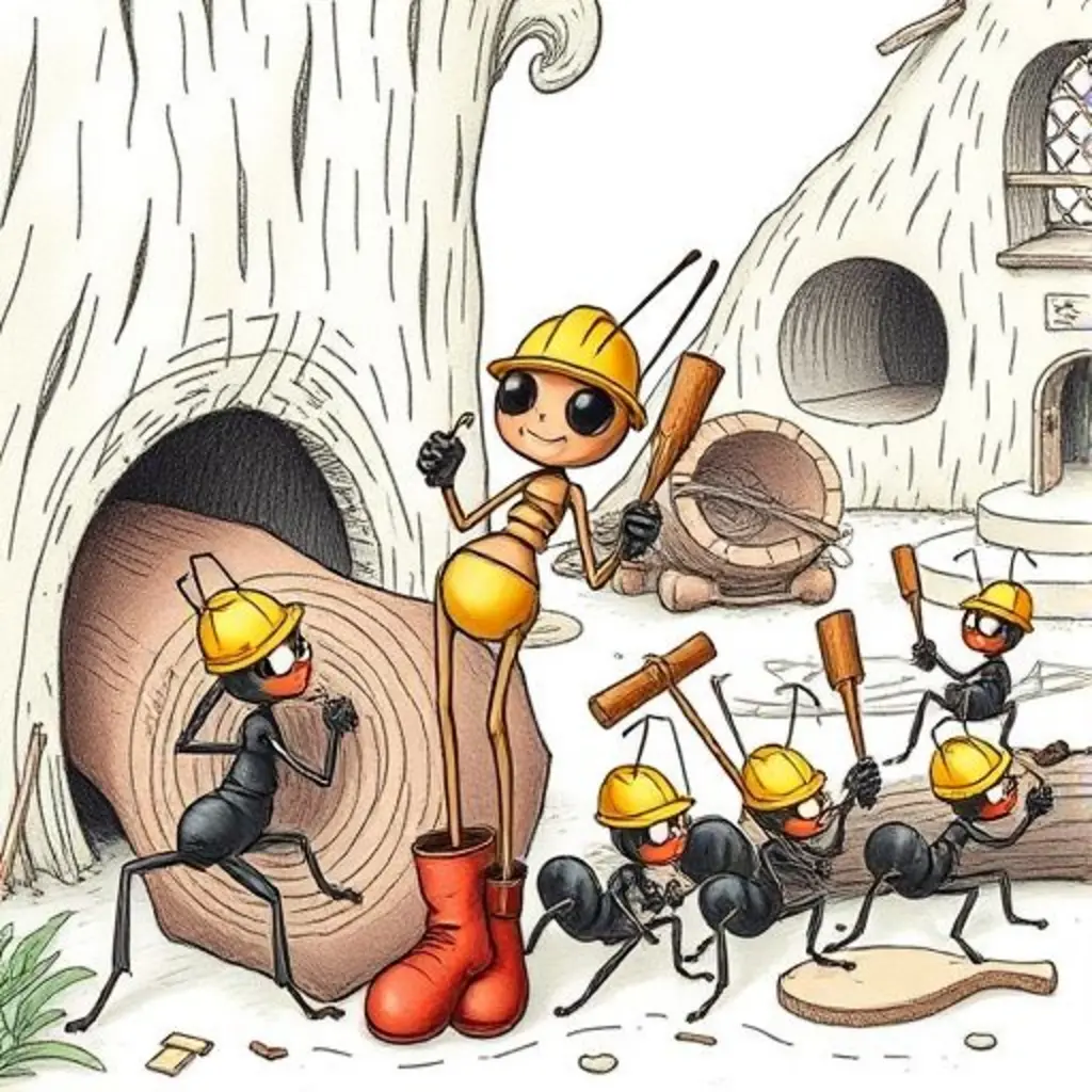 Arquitecta y sus amigos hormigas construyen el hormiguero al ritmo de la música en el tronco.