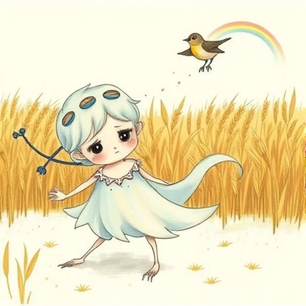 Torbellino, el remolino, se detiene confundido mientras un arcoíris desaparece antes de llegar a un gorrión.