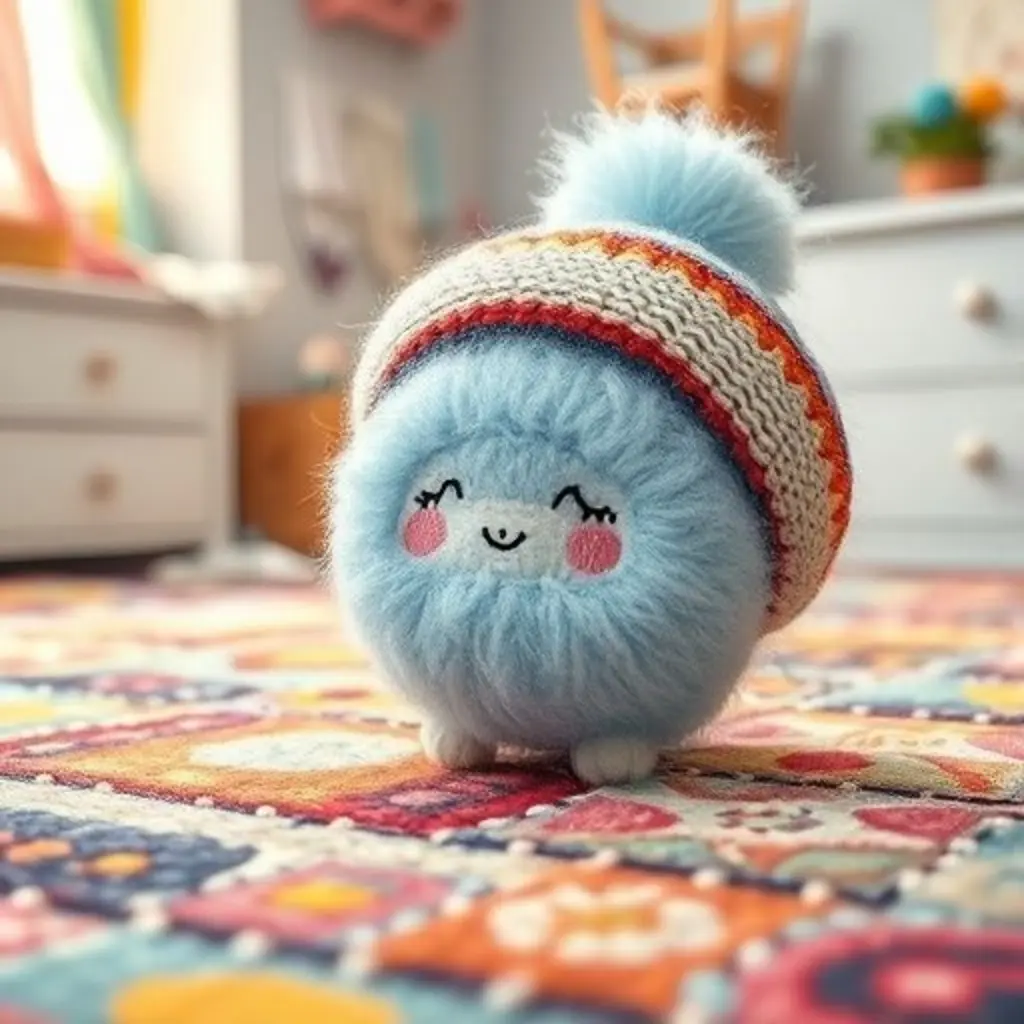 Pomponcito, un pompón azul, cae de un gorro en una habitación de ensueño.
