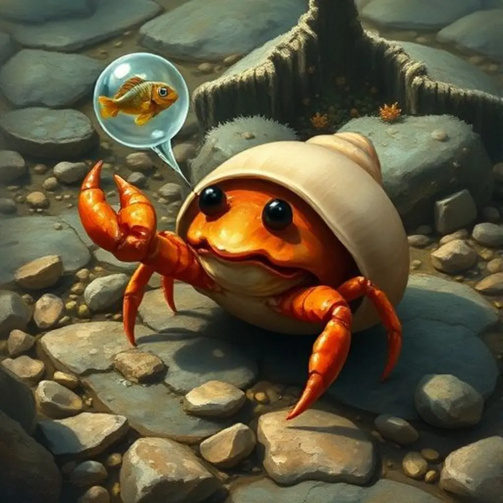 Caparazón el cangrejo ermitaño sopla en una concha y crea una burbuja de sueños.