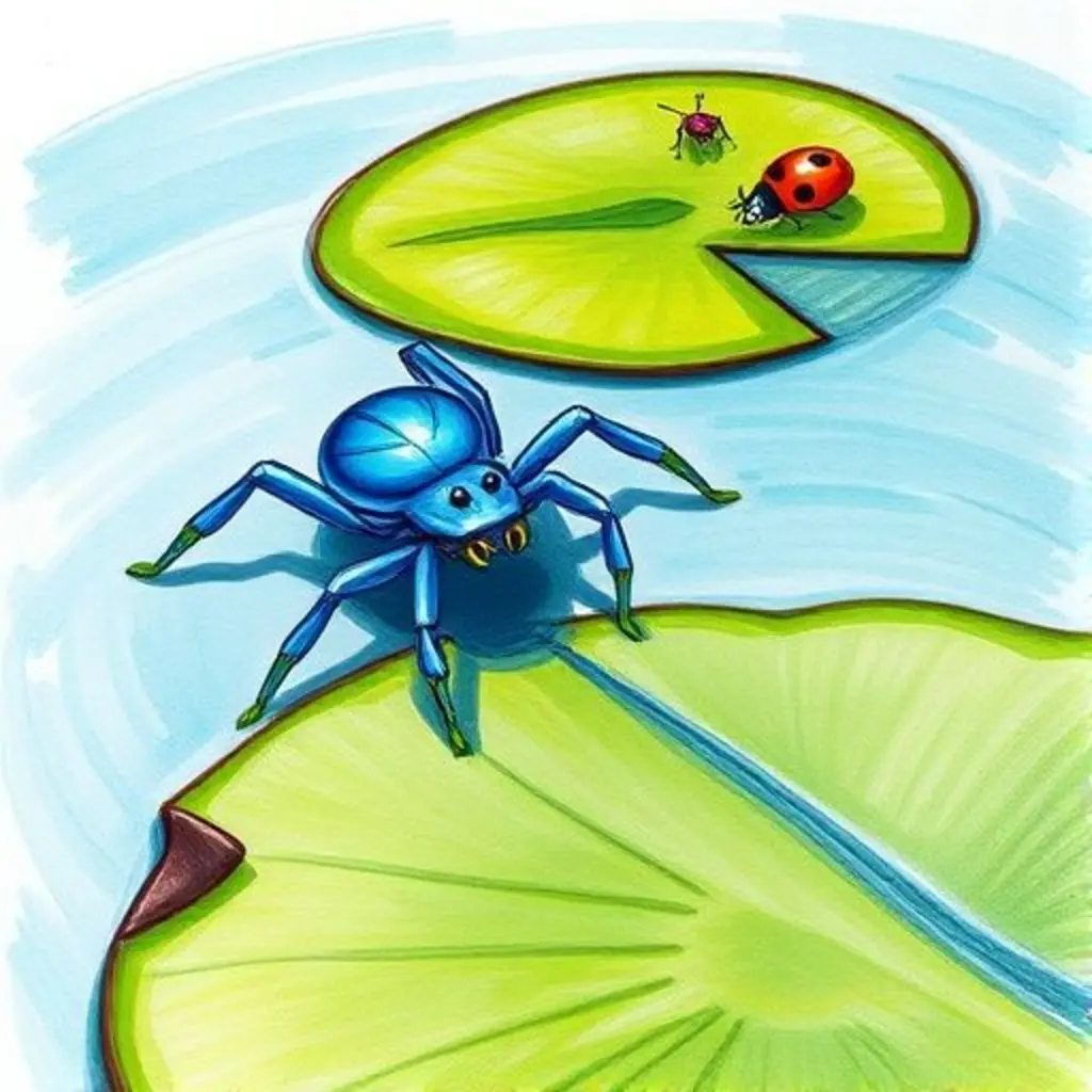 Salta, una araña de agua azul, desliza sobre el estanque, observando a insectos que no pueden cruzar.
