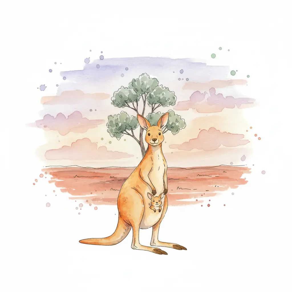 Una mamá canguro completa de color naranja suave con su cría en la bolsa, bajo un cielo de atardecer.