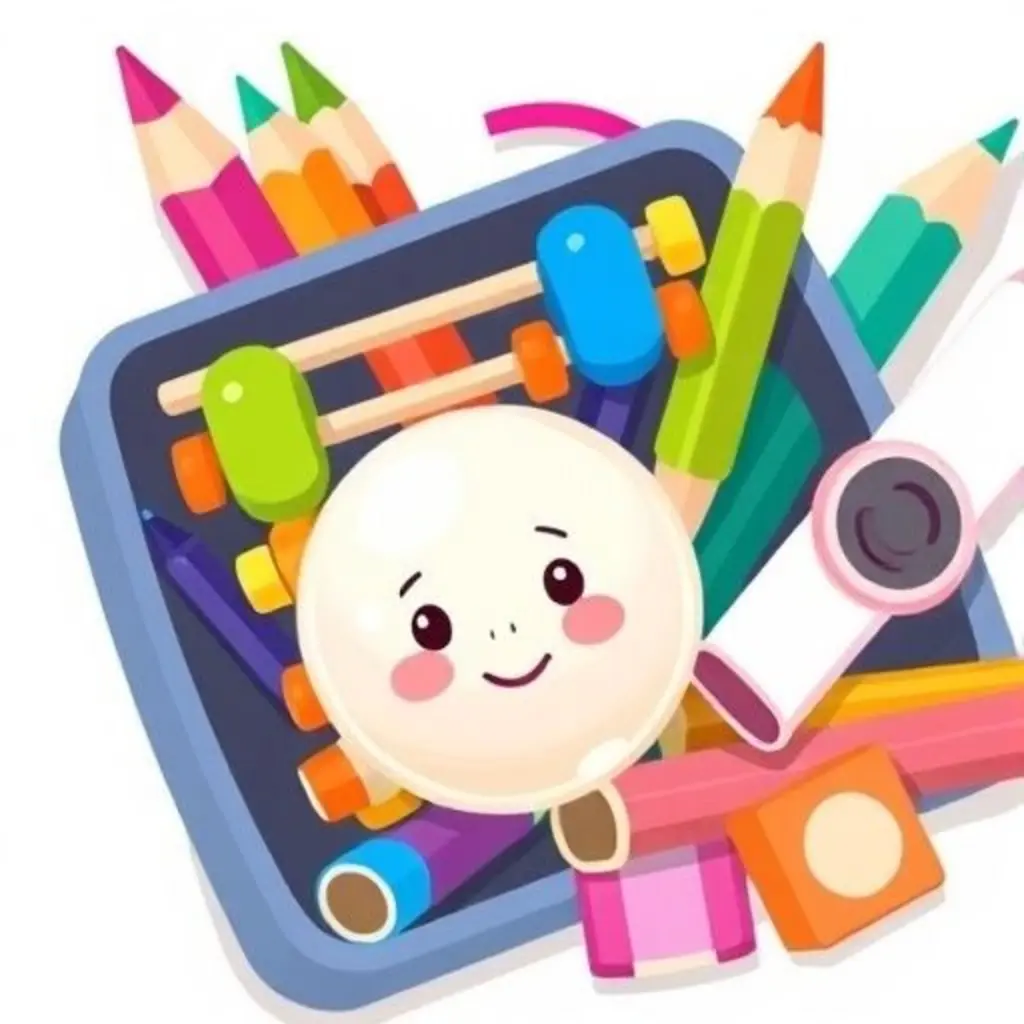 Una pequeña cuenta de ábaco perdida entre lápices de colores en un estuche.