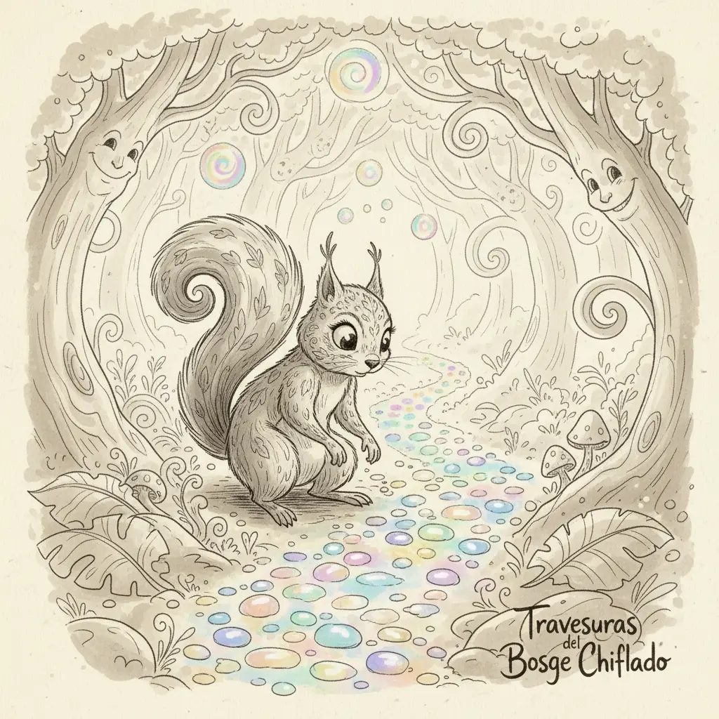La ardilla sigue el sendero de piedrecitas luminosas, maravillada por la magia del bosque.