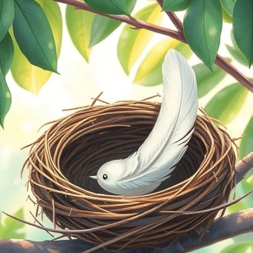 Pluma Suave, una pluma blanca y brillante, sola en un nido vacío.