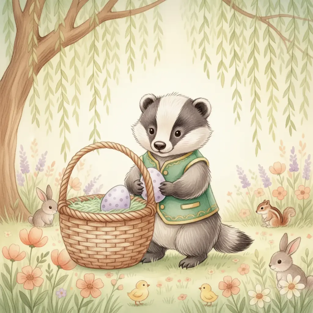 Bruno descansa junto a una cesta con el huevo a salvo bajo el atardecer.