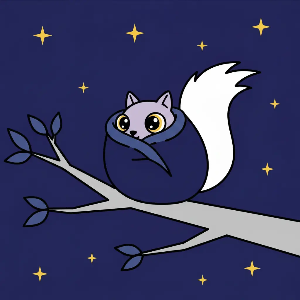 La ardilla lavanda envuelta dentro de la hoja oscura como si fuera un saquito de dormir.