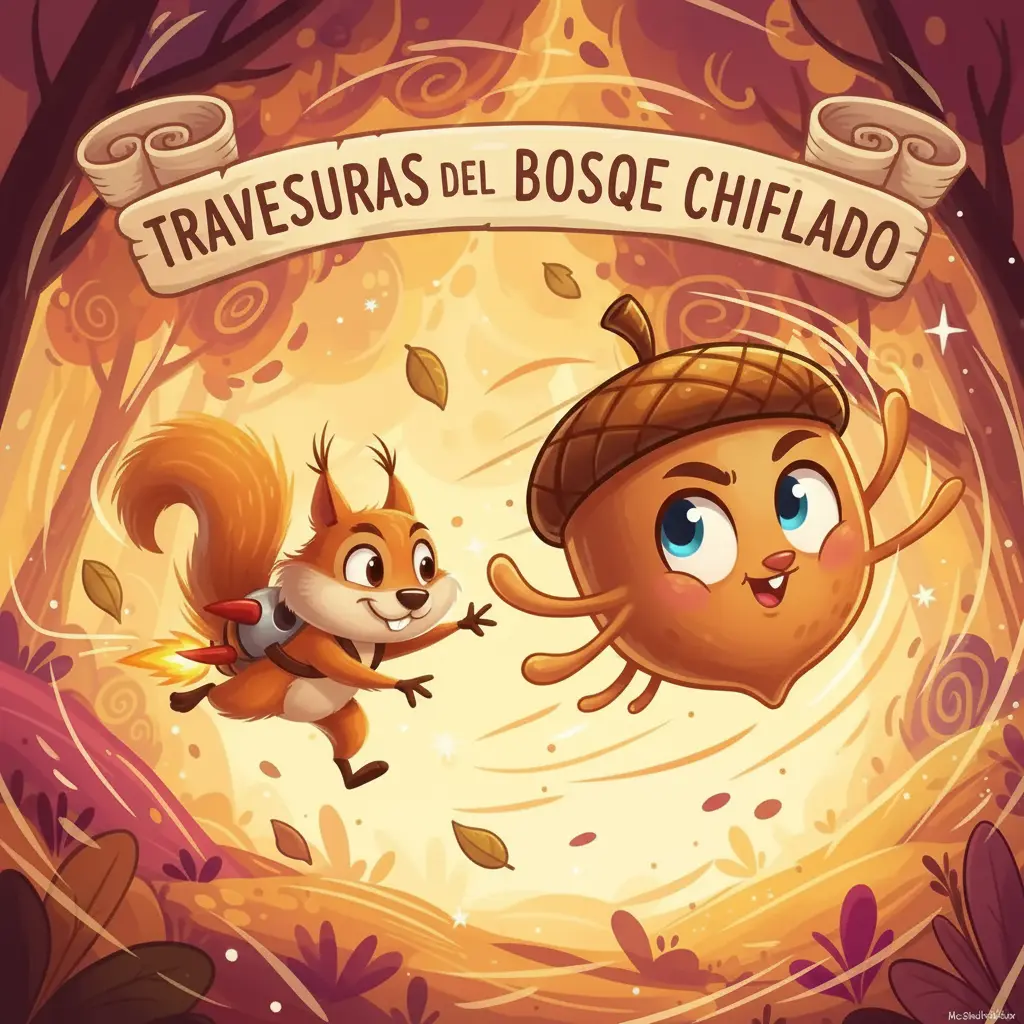 Nuez Hiperactiva lanza una bellota que cobra vida en el aire, con ojos grandes y una boca graciosa.