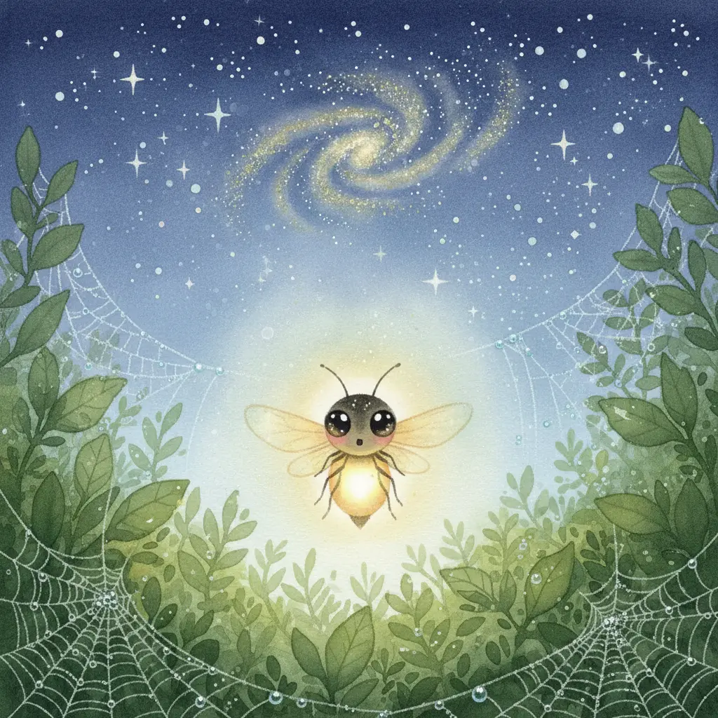 La luz de Luna toca una telaraña con rocío, creando destellos.