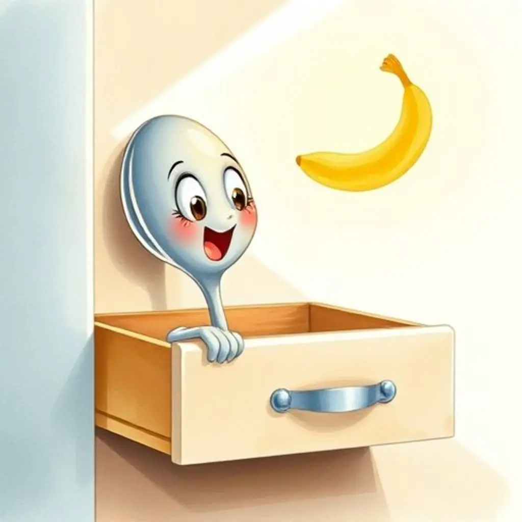 Brillita, una cucharilla brillante, ve cómo un rayo de sol la golpea y dibuja una banana en la pared.