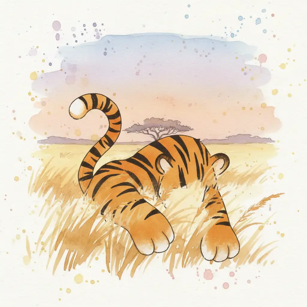 Se ve el lomo naranja con rayas negras y las orejas de un tigre entre el pasto, pero su cara sigue en sombra.