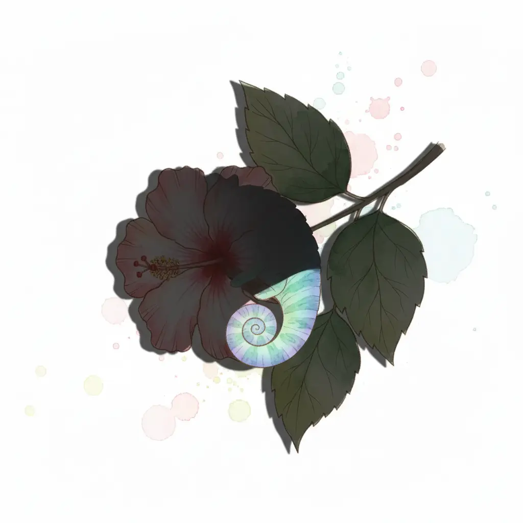 Una rama de hibisco con una flor rosa donde se asoma una colita enroscada en espiral.