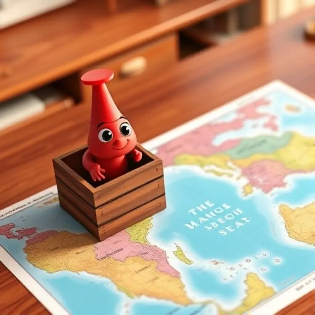 Una chincheta roja llamada Punto asoma de su caja, mirando un mapa grande.