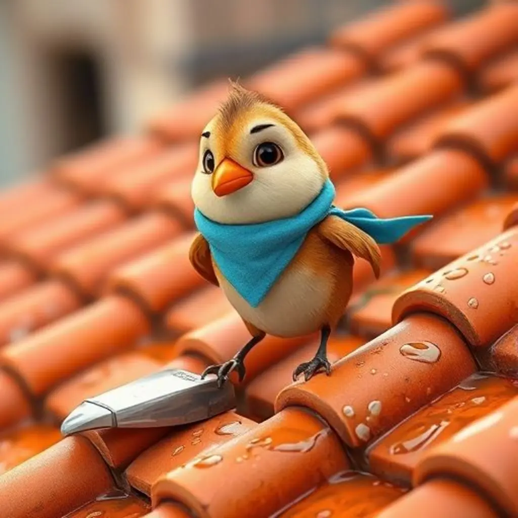 Riqui, un gorrión con bufanda azul, salta con cuidado sobre un tejado mojado y resbaladizo, quejándose.