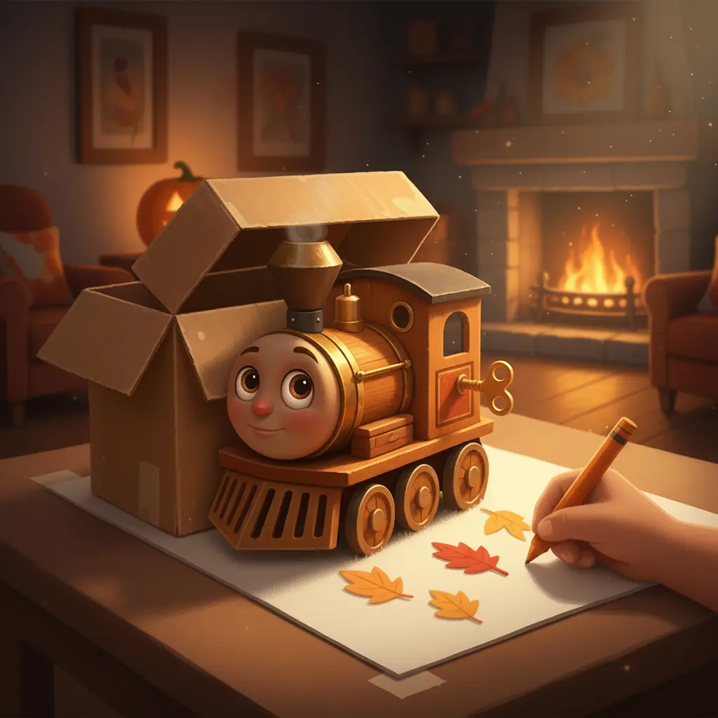 Silbato Alegre, un tren de juguete, mira con anhelo los dibujos de hojas de otoño desde su caja.