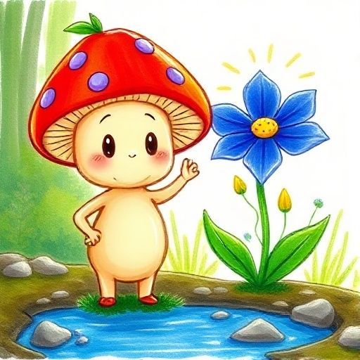 Miko, orgulloso, junto a una Lila florecida y brillante, mientras todo el bosque resplandece de alegría.