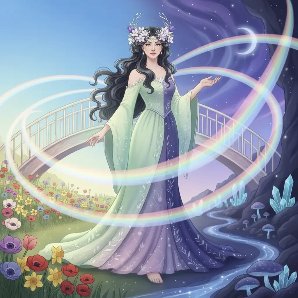 Perséfone, la Tejedora de Puentes Arcoíris, observa con alegría la unión de los reinos.